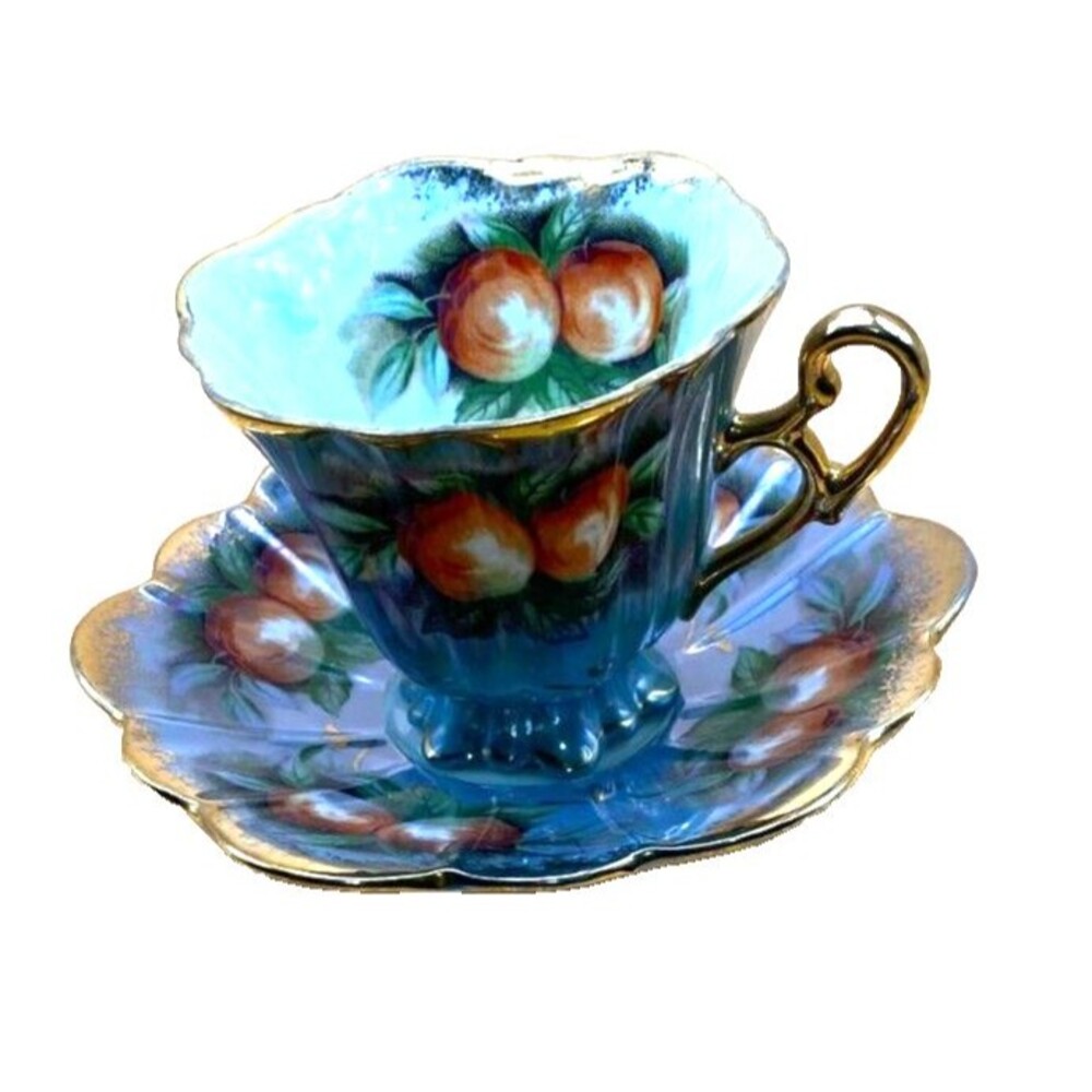 Vintage SHAFFORD Hand Painted Peaches Footed Tea/ Coffee cup & Scalloped Saucer